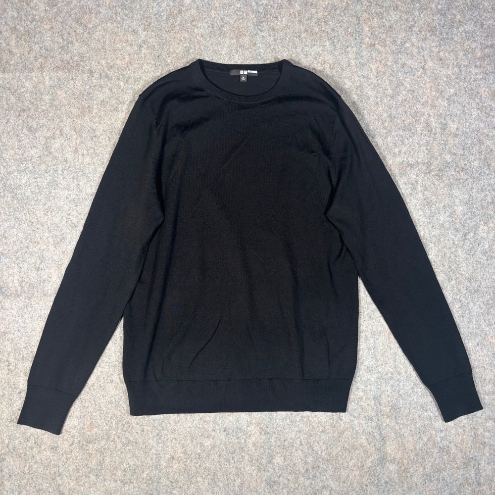 Uniqlo Merino Wool Crewneck Sweater Womens XL Black Solid Knit Jumper Knit Ribbd